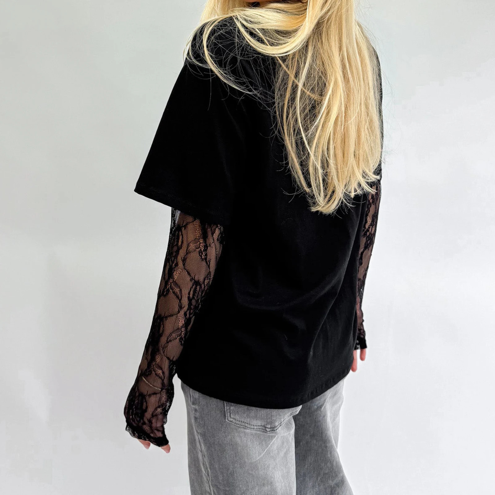 hirigin Fashion Women Round Neck T-Shirts Lace Long Sleeve Casual Shirts Spring Fall Loose Fit Tops Y2K Vintage Streetwear 250605