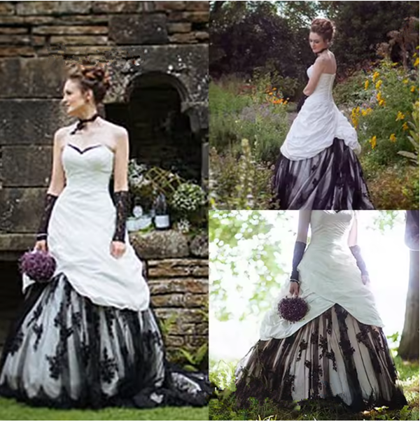 Black And White Gothic Wedding Dress Lace Appliques Ruched Sweetheart country farm Bridal Gown Customized