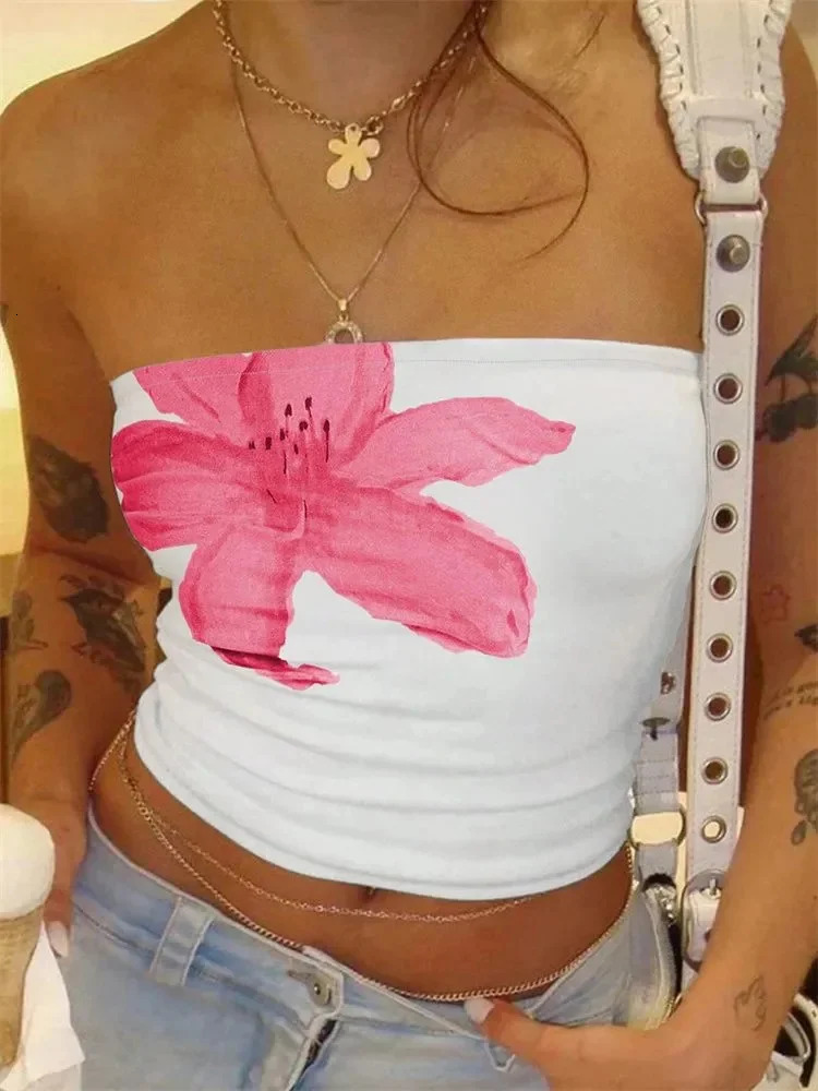 Womens Floral Printed Tube Top Summer Sexy Off the Shoulder Crop Streetwear 250527