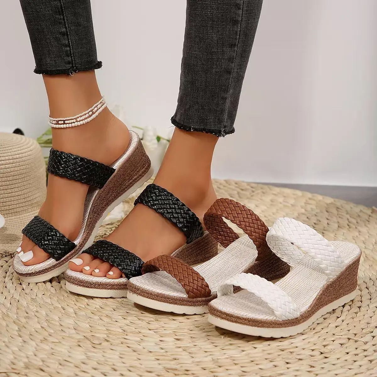 PU Leather Woven Wedge Sandals for Women 2025 Summer Fashion Platform Slippers Woman Casual Comfortable Outdoor Beach Sandalias 250605