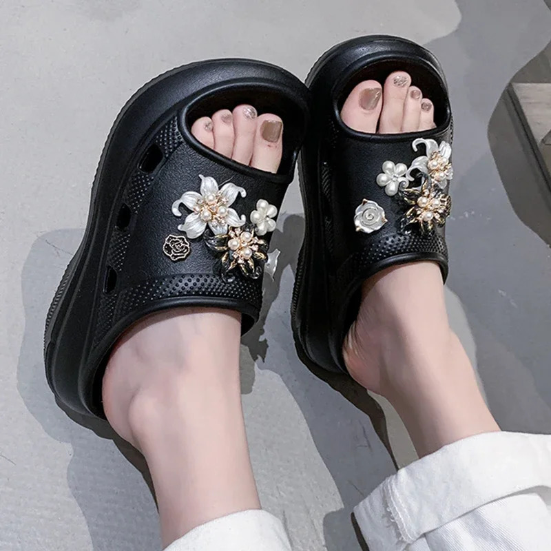 Pearl Flower Thick Sole Eva Slippers Women Summer 2025 Diy Wedge Heels Sandals Woman Chunky Platform Non Slip Beach Slides Shoes 250603
