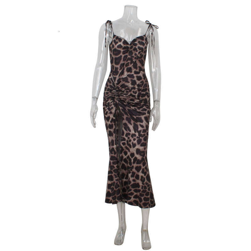 Women's New Fashion Trend Leopard Print Split Ruched Waist Slimming Dress B5