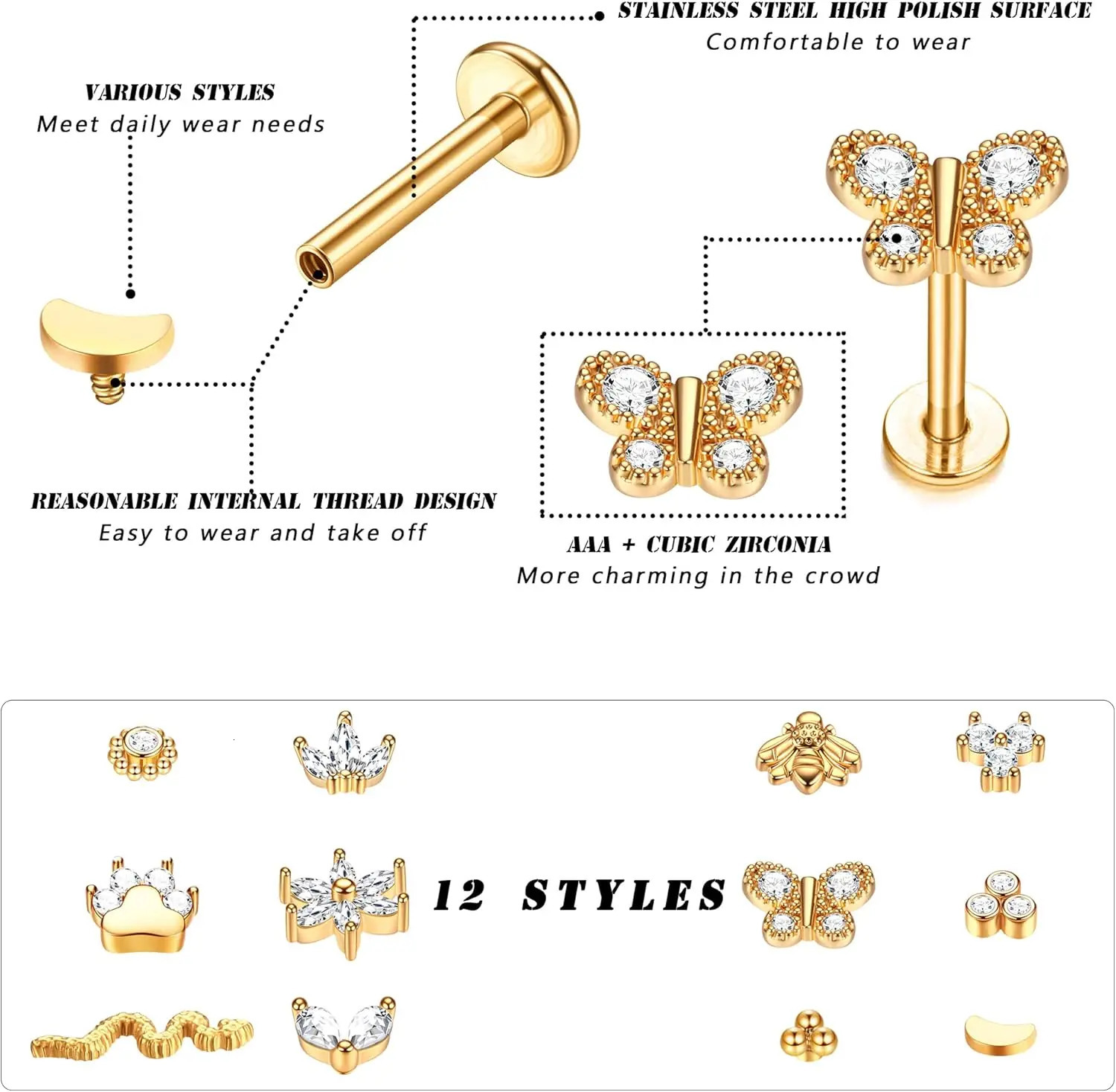 Drperfect 12Pcs Nose Piercing for Women Men Steel Internally Threaded Labret Lip Piercing Conch Helix Piercing Jewelry 250605