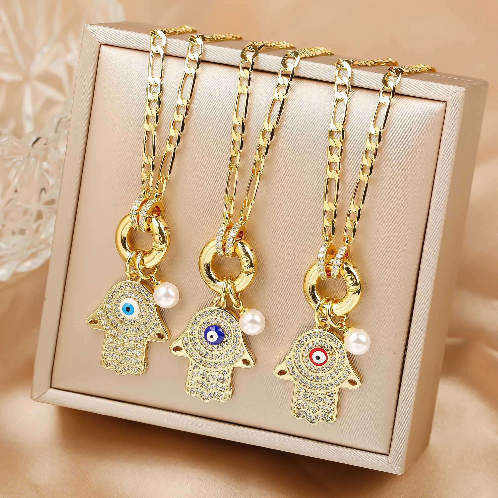 Punk Style Full Zirconia Evil Eye Palm Pearl Pendant Necklace Luxury For Men Women Daily Wear Clavicle Chain Jewelry Party Gift Y250605