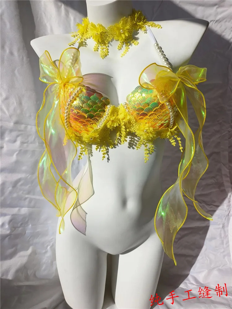 RM Handmade Mermaid Sequin Shell Bikini Top Bra Oceanarium Bar Table Performance Costume Fishtail Leather 250530