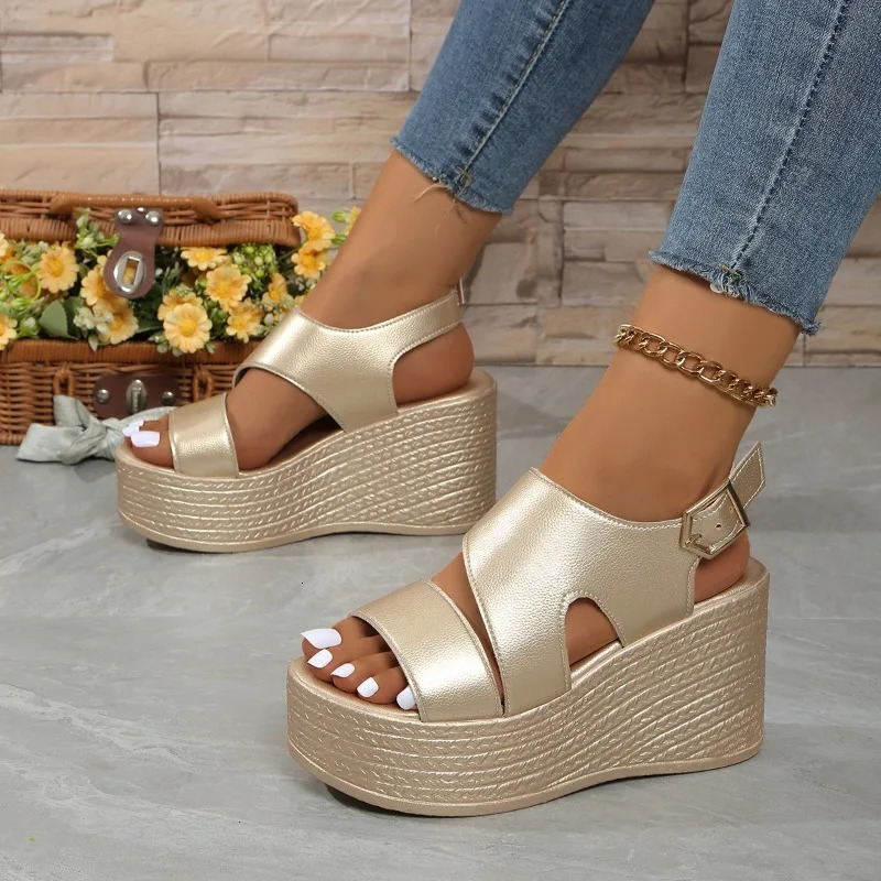 Open-toe slope sandals leather strap Roman shoes 2025 summer fashion lightweight thick sole non-slip high heels womens shoes 250605