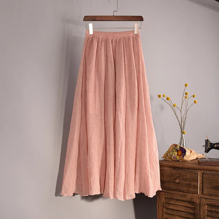 Womens Elegant 16 Color High Waist Elastic Waist Linen Pleated Long Skirts Ladies Slim Casual Skirt Saias Summer SK05 250605