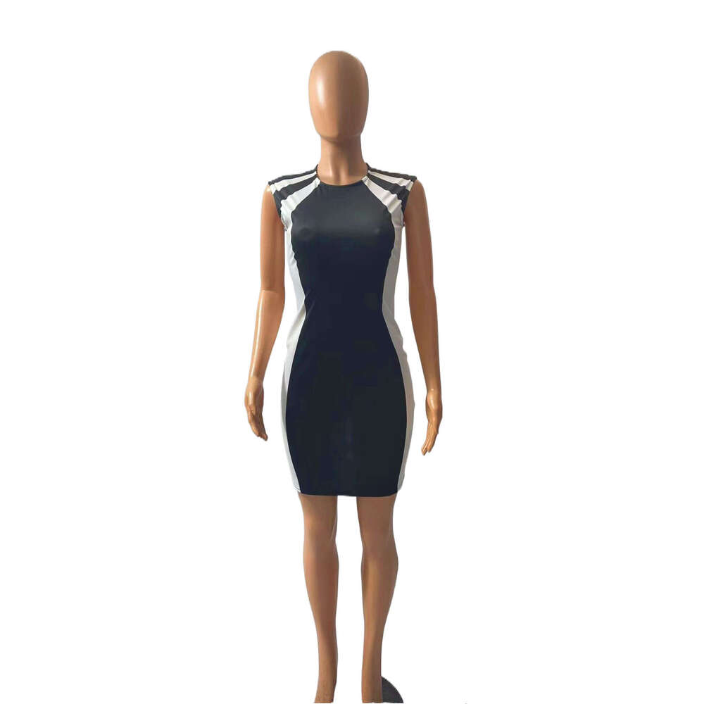 Summer New Style Women's Round Neck Printed Sleeveless Color Block Zipper Sexy Slim Fit Bodycon Dress B5