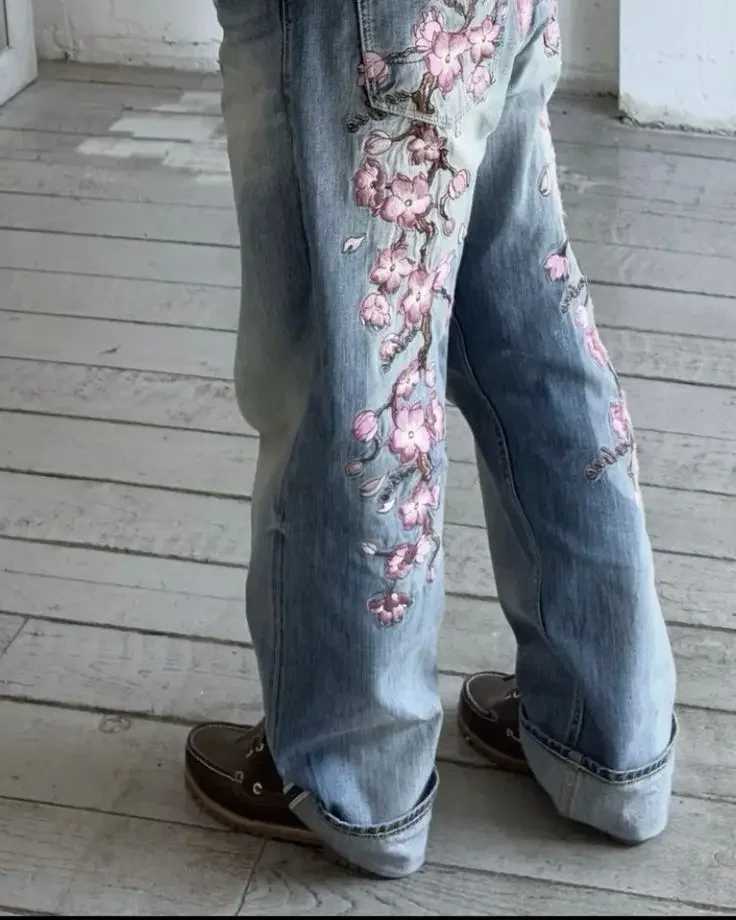 Vintage Best Seller Sakura Embroidery Graphic Jeans Men Y2k Harajuku Hip Hop Casual Baggy Pants Wide Trousers Goth Streetwear Z250605