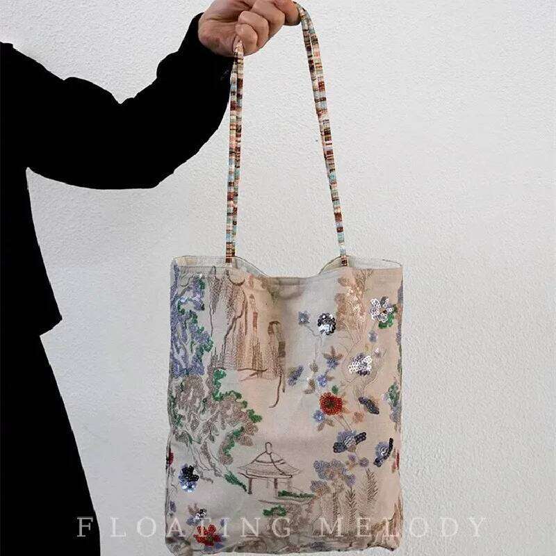 Flower Printed Women's Shoulder Bags 2025 Fashion Shopping Large Capacity Handbag Student Girls Bead Embroidered Tote