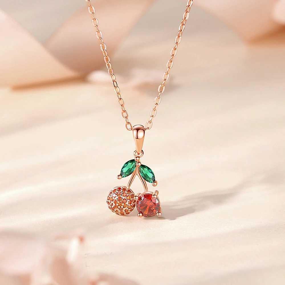 Sparkling Red Cherry Pendant Necklace for Women Colored Zircon Stainless Steel Chain Jewelry Accessory for Girls Y250605