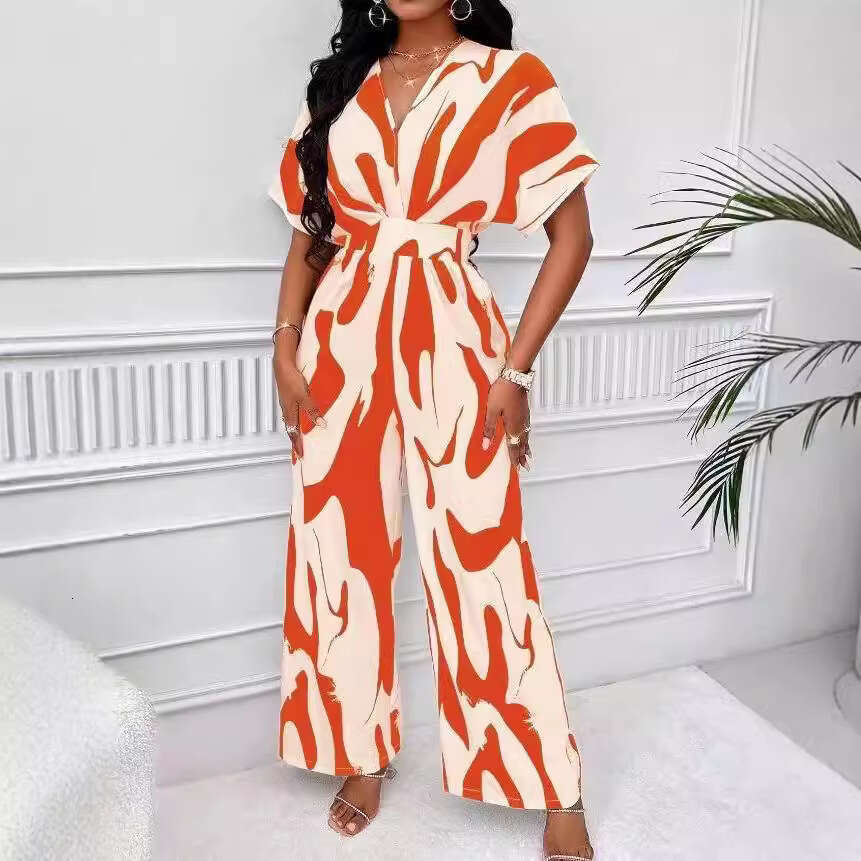 Women's Fashion Elegant V-Neck Full Print Batwing Sleeve Wide-Leg Jumpsuit B5