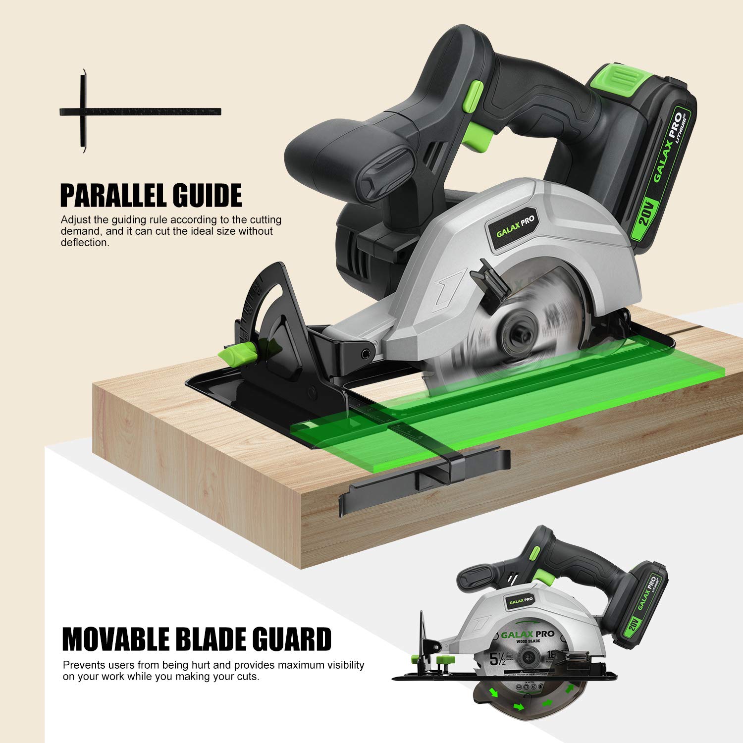 GALAX PRO Circular Saw, 140mm Cordless Circular Saw 20V with 2 Blades (18T+48T), 3800RPM Variable Speed, Includes 2.0Ah Lithium Battery and Charger