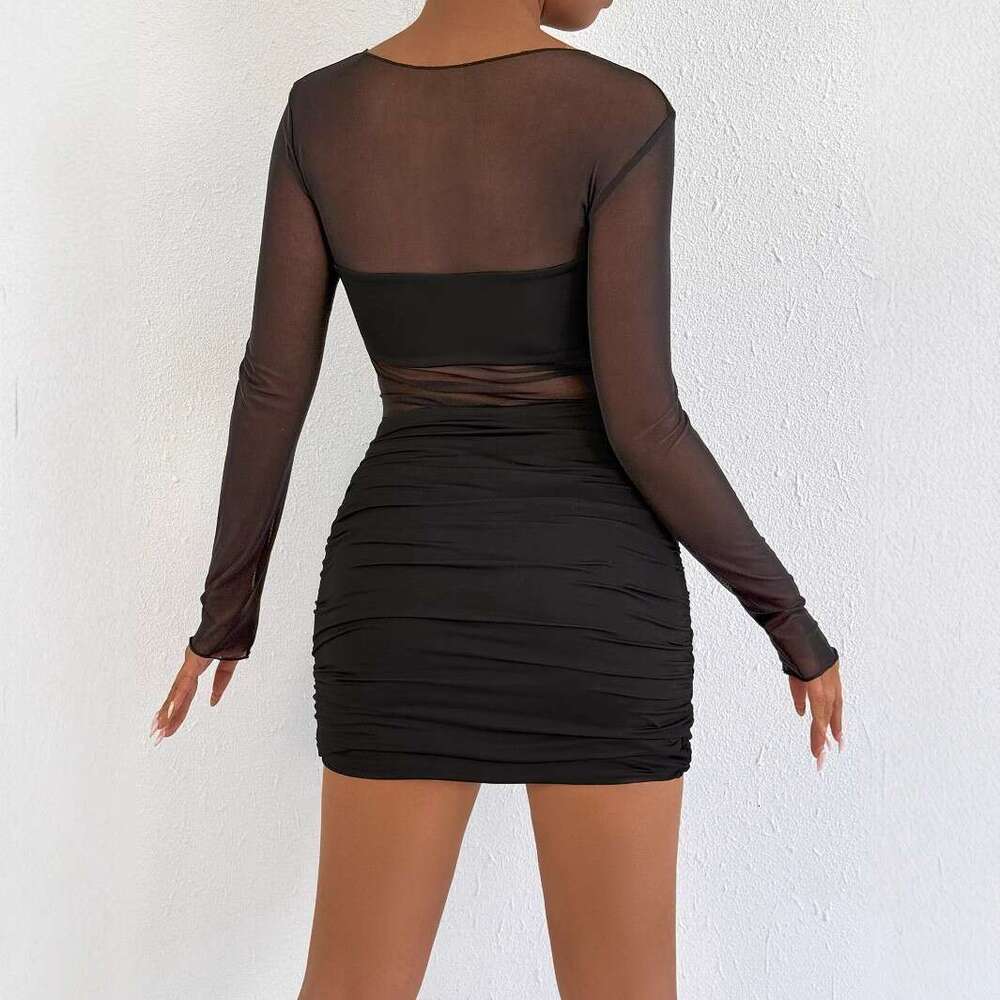 Hot selling women's fashionable round neck long sleeved mesh patchwork short skirt sexy pleated hip hugging dress