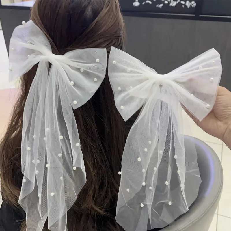 Women Long Ribbon Mesh Bow Hair Clips Elegant Pearls Hairpin for Bride White Mesh Hairpins Wedding Party Bride Hair Accessories Z250605