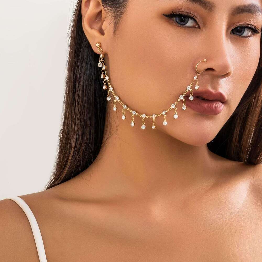 Ethnic Style Jewelry Earrings for Women Chain Stud Stage No Piercing Rhinestone Tassel Nose Ring