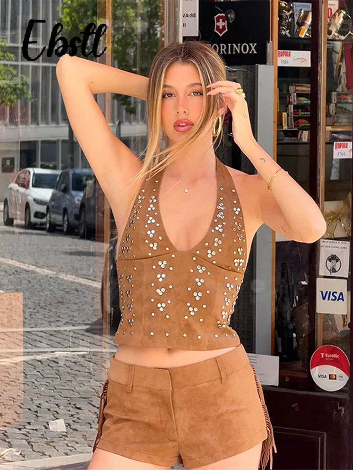Slim Suede Rivet Vest Shorts Suit Womens Sexy Lace-up Tassels V-neck Tank Top Retro Short Pants 2025 Lady Street Outfits 250605