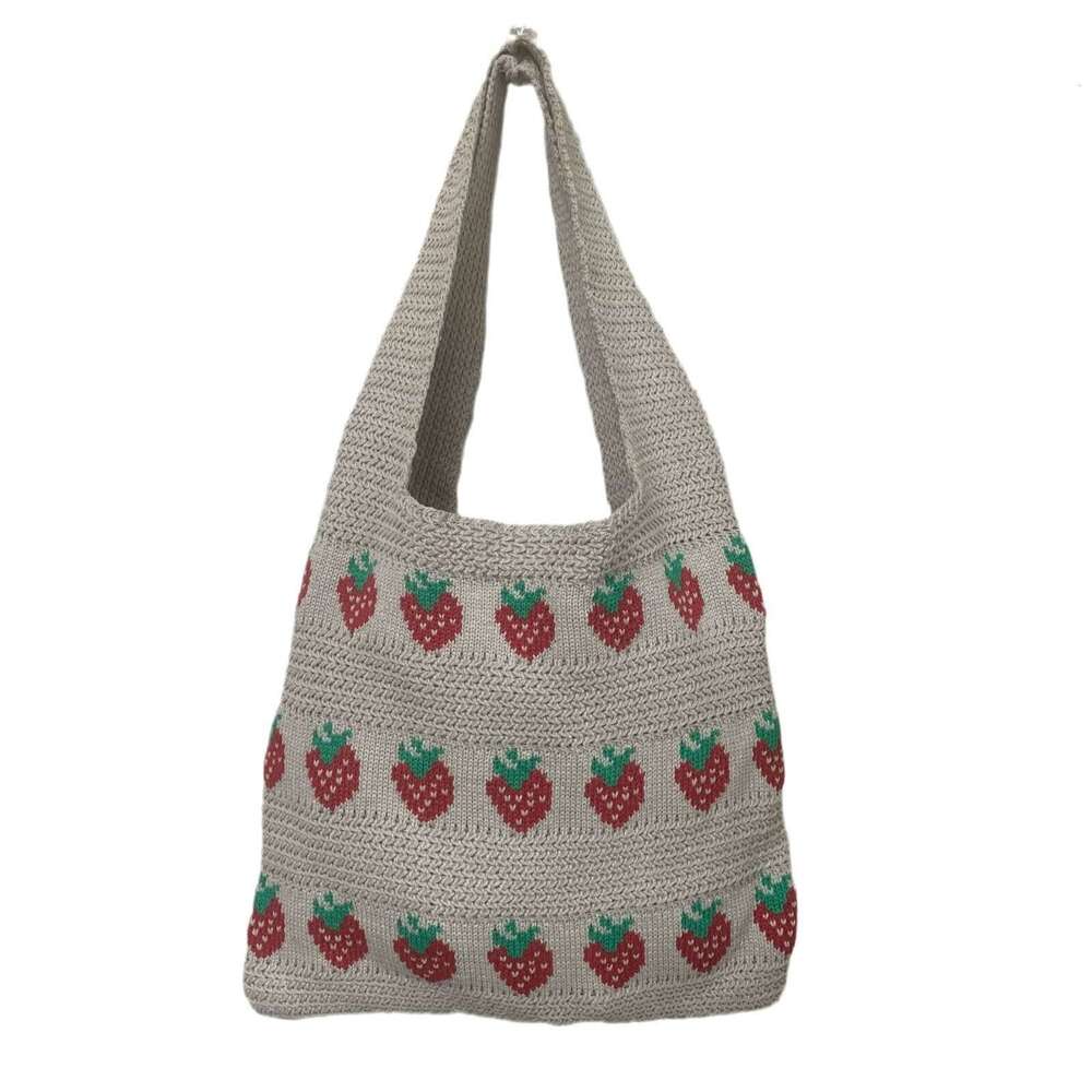 Tote Strawberry Pattern Woven Knitted Crochet Bag Durable Large Capacity Ladies Handbag B5