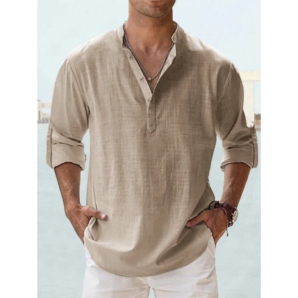 Cotton Linen Shirts for Men Casual Shirts Lightweight Long Sleeve Henley Beach Shirts Hawaiian T Shirts for Men Streetwear 250605
