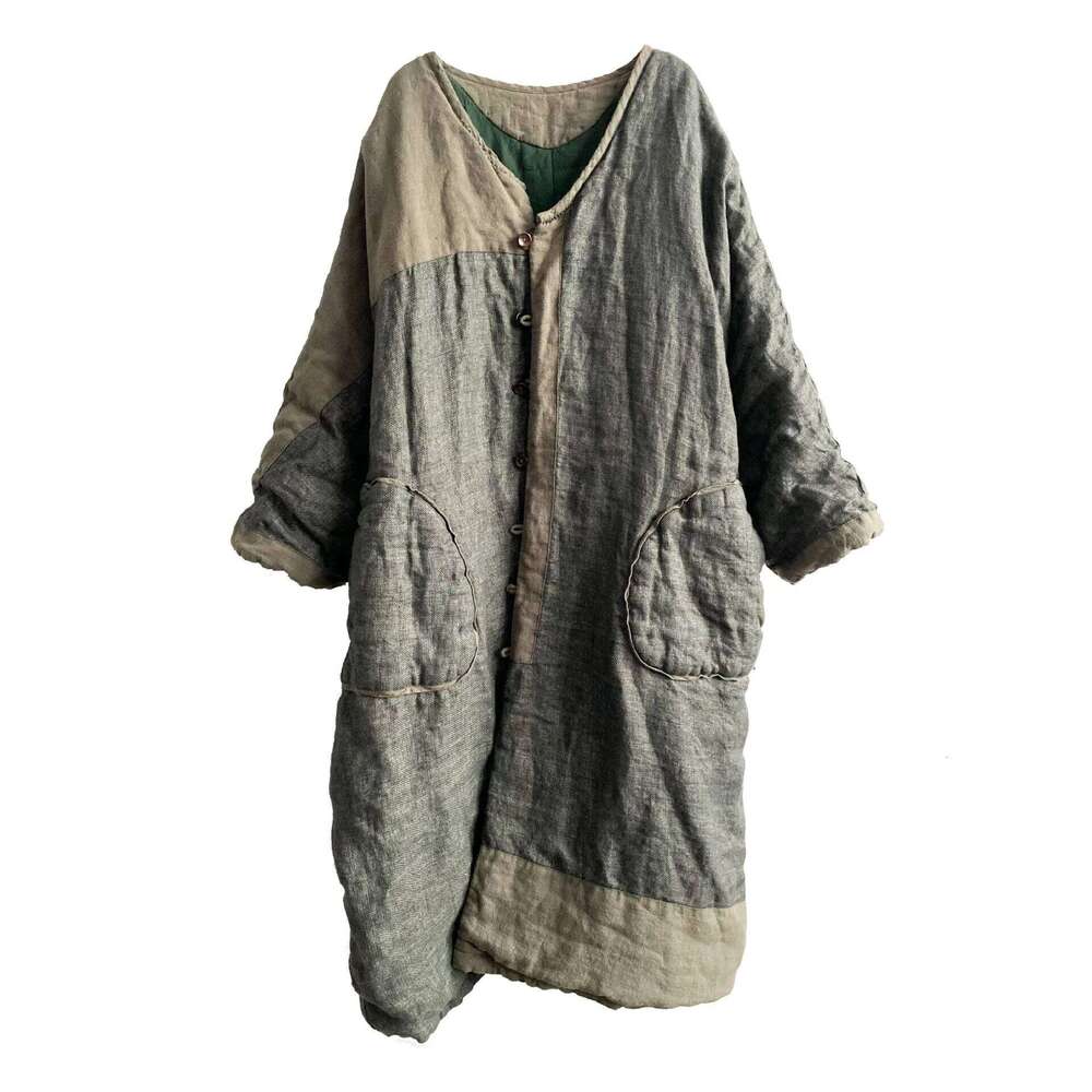 Women Linen Patchwork Thin Padded Outerwear Ladies Vintage Washed Flax Spliced Long Coat Parkas Female Topcoat