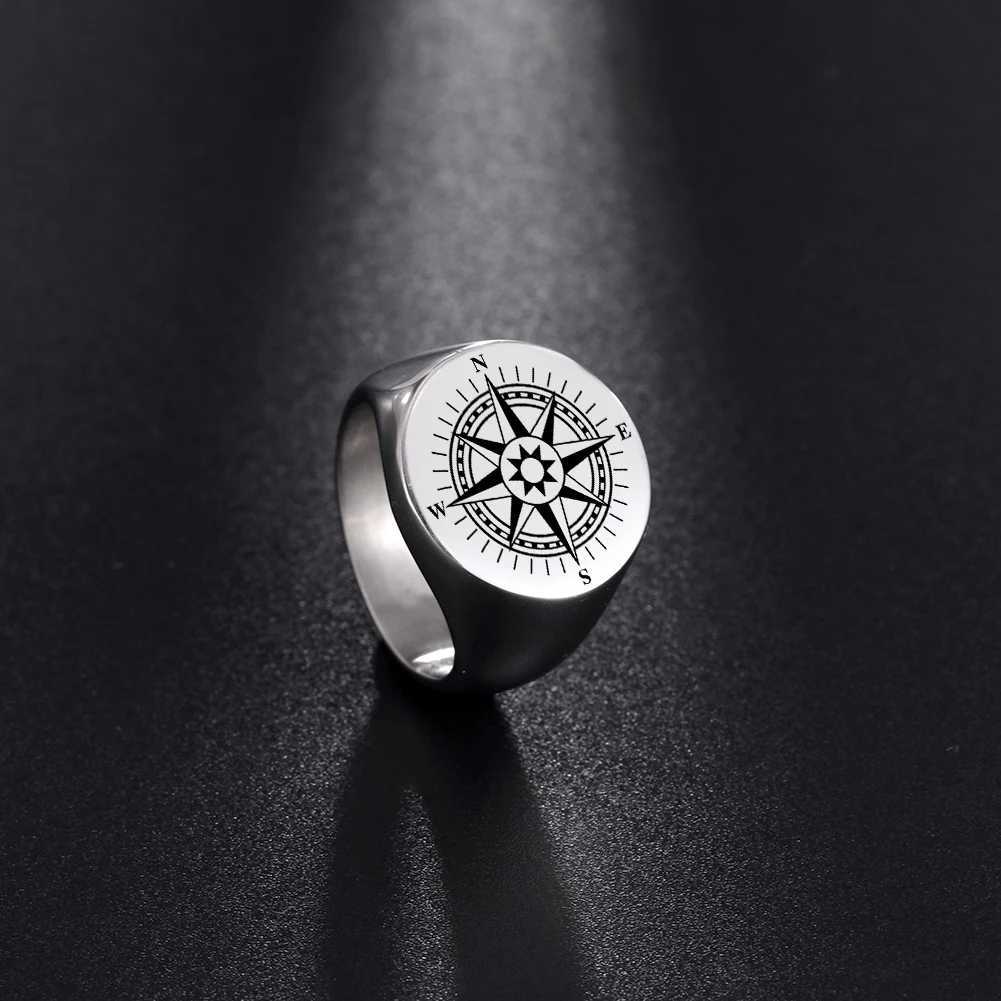 COOLTIME Retro Compass Signet Mens Ring Stainless Steel Punk Rings Vintage Jewelry Amulet Wicca Rock Hip Hop Gift W250606