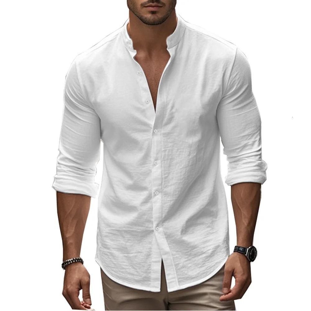 Mens Henry Shirts Cotton Linen Slim Fit Causal Hawaiian Solid Color Basic Style Spring Summer Breathable Men Clothing 250605