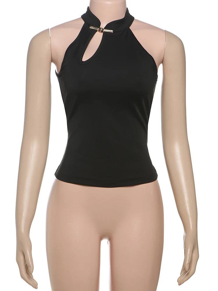 Weird Puss Cheongsam Buckle Tank Tops Women Y2K Summer Trend Basic Classic Hollow Solid Simple Street Stretch Daily Chic Vest 250605