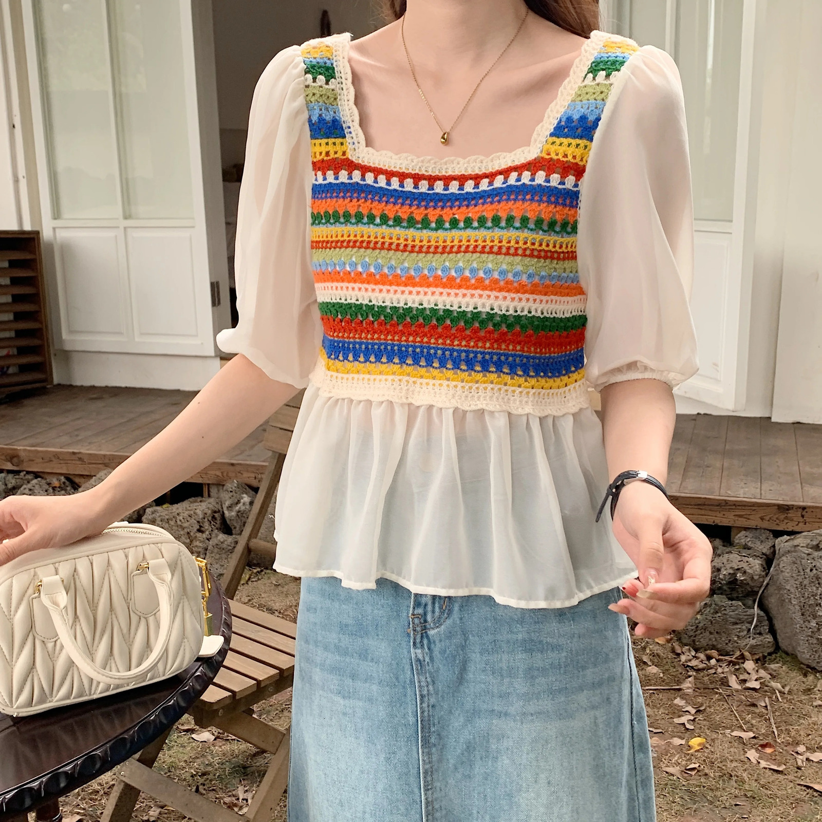 Rainbow Striped Crochet Knit Top for Women Square Neck Chiffon Half Sleeve Blouse Fairycore Cottagecore Spring Summer Outfit 250530
