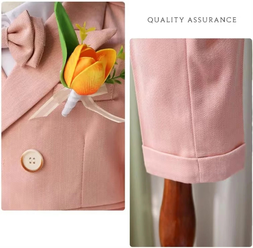 Macaroon Colorful Toddler Suit Set Double Breasted Kids Suits Blazer Pants Bow-tie Brooch Boys Formal Tuxedo Dresswear 250530