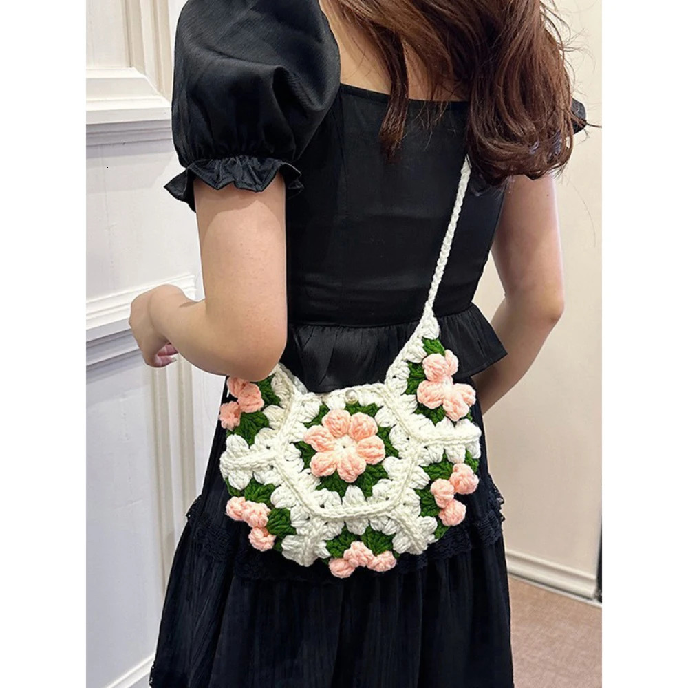 Knitted Bags Spring Summer Floral Contrast Color Soft Crossbody Bag Women Daily Holiday Casual Shoulder Packs 250605