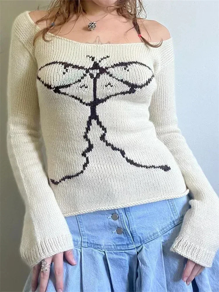 Womens Knit Tops Off Shoulder Slim Sweater Graphic Print Long Sleeve Knitwear Spring Fall Y2K Aesthetic Streetwear 250530