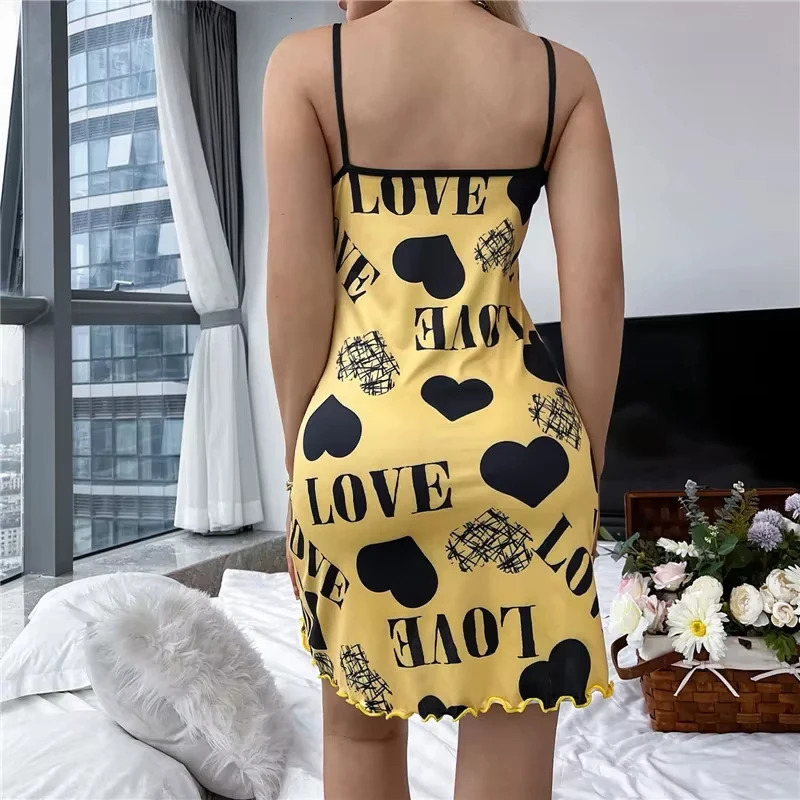 Summer Womens Nightgown Beauty Back Thin Section Of Home Wear Sexy Halter Short Skirt Love Cartoon Cute Printing Pajamas 250529