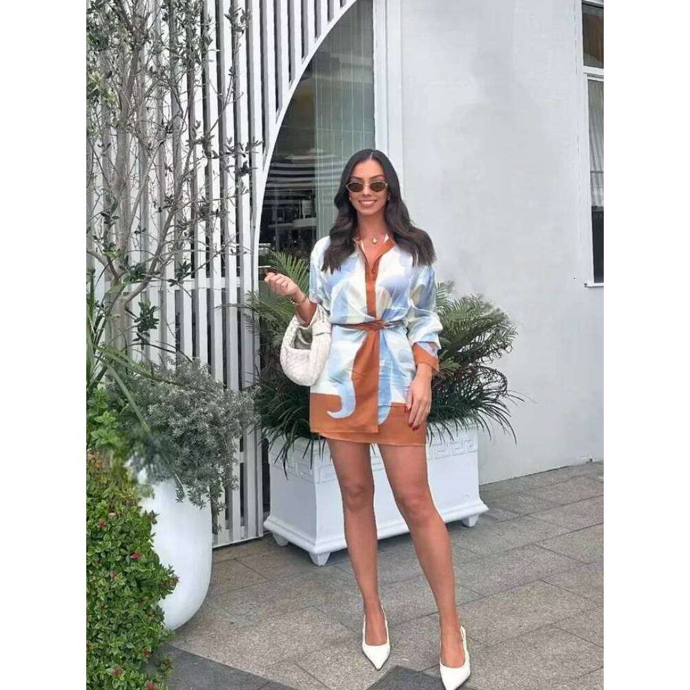 Casual Printing Lace Up Mini Dress Lapel Full Sleeve Holiday High Waist Slim Vestido 2025 New Summer Vacation Beach Commute Robe