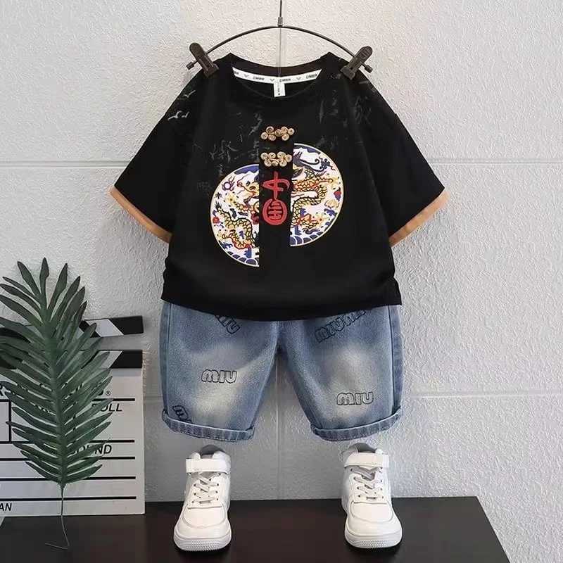 Boys Summer Hanfu Set 2025 New Childrens Short sleeved Cotton Embroidery Print T-Shirt Jeans Pant 2pcs Chinese Style Kids Suit R250606