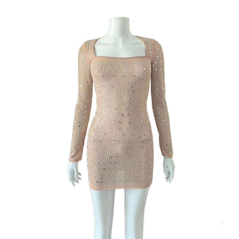 Women's Low-Cut Square Neck Long Sleeve Waist-Cinching Bodycon Sexy Sheer Short Sparkling Mesh Dress B5