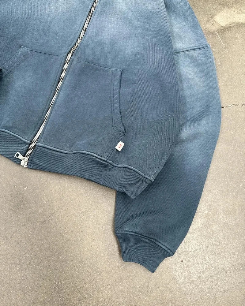 Y2K Harajuku Style Fashion Gothic Blue Gradient Zipper Hoodies Men Streetwear Hip Hop Casual Joker Couple Sports Sweater Top 250605