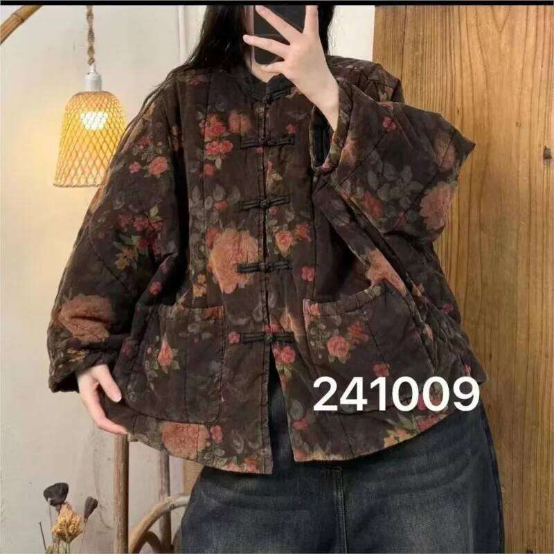 Johnature 2024 Woman Winter New Vintage Style Niche Print Batsleeves Buckle Long Sleeves Single Breasted Loose Parkas