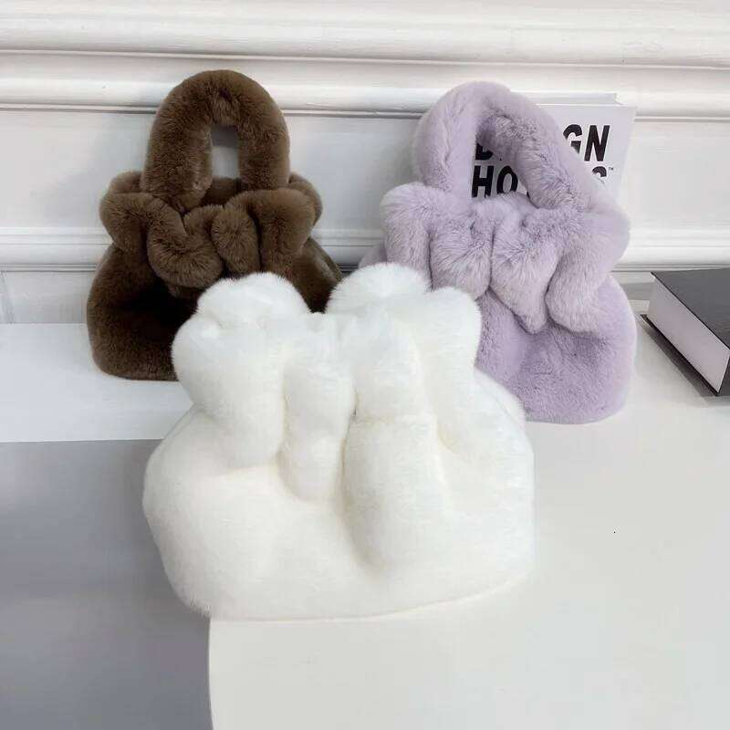 Real Rex Rabbit Fur Bags Plush Clutch Bag New Tote Mobile Purse Women's Pleated Handbag