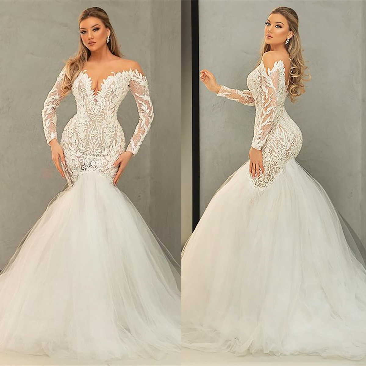 Elegant Lace Mermaid Wedding Dresses Sheer Neck Bridal Gowns Long Sleeves Tulle Skirt Bride Dresses Second Birthday Engagement Gowns