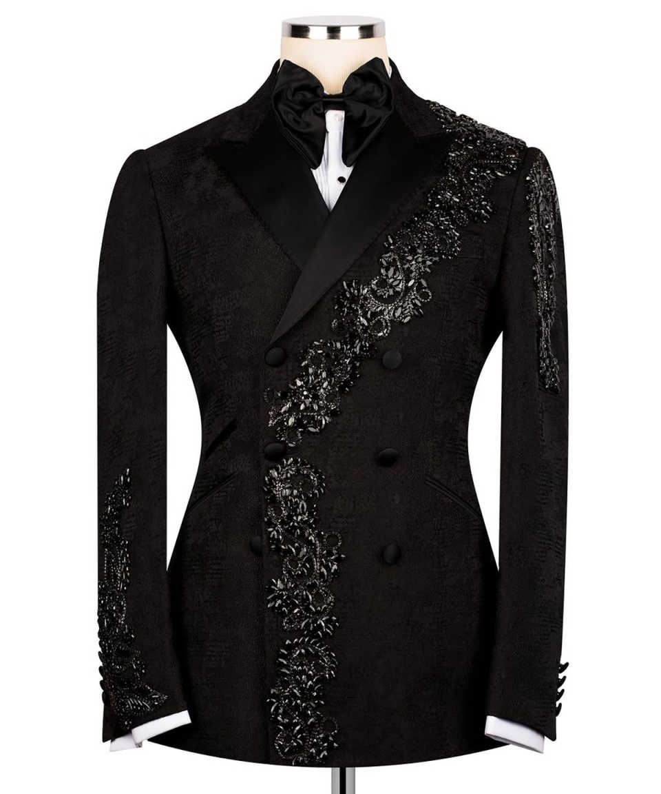 Luxury Man Suits Beading Peaked Lapel Party Prom 2 Pieces Set Blazer Rhinestone Customized Evening Double Breasted Jacket Pants Plus Size