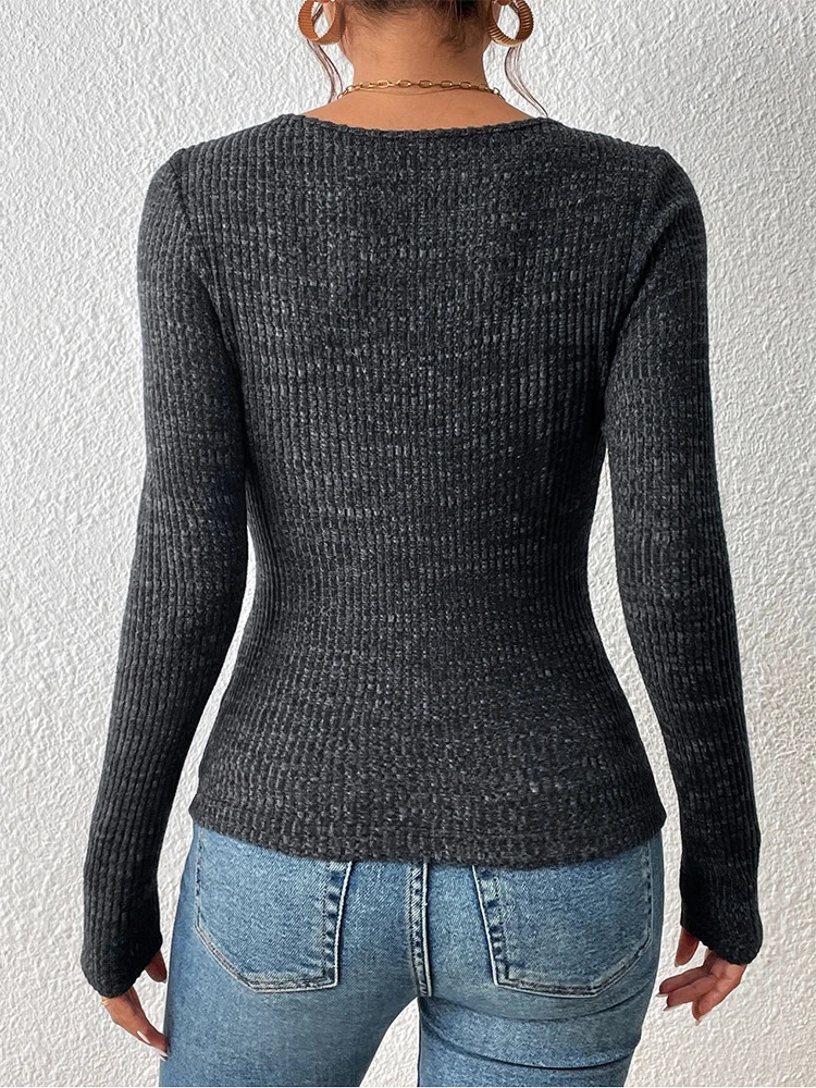 Square neck womens knitwear Vintage basic solid knit top Casual slimfit jumper Korean sweater Simple chic 250530