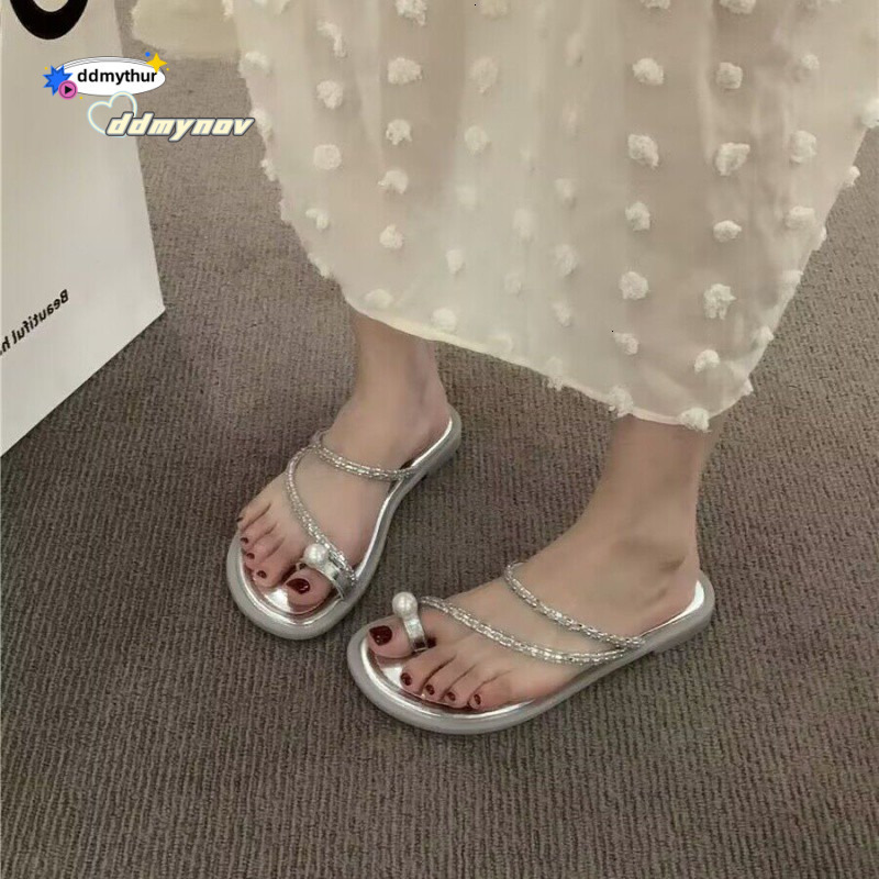 Toe Post Flat for Women Summer Outdoor 2024 New Pearl Beach Sandals Fashion Ins Fairy Style ddmynov