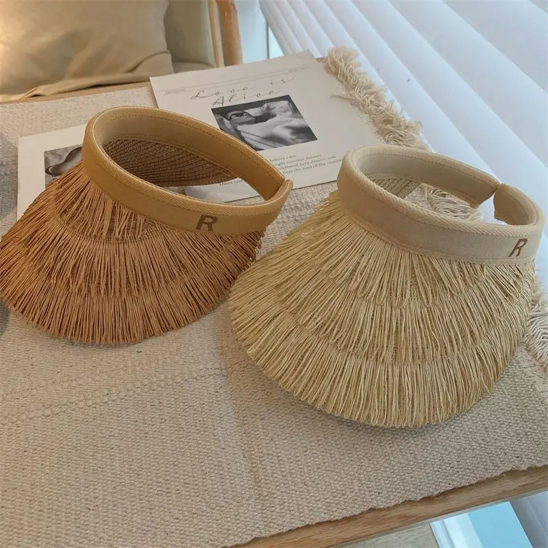 summer empty top womens straw braid fringe sunhat is a sunhat with sunblock UV beach holiday 250603
