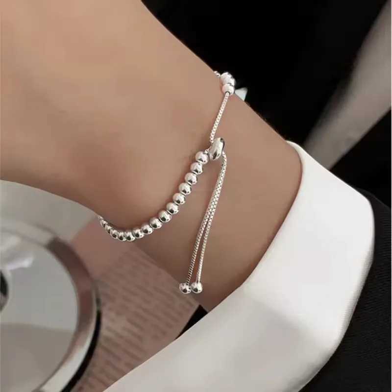 100% Solid 925 Sterling Silver Metal Bracelets for Women Men Beads Adjustable Handmade Simple Bracelet Birthday Christmas Gift W250606