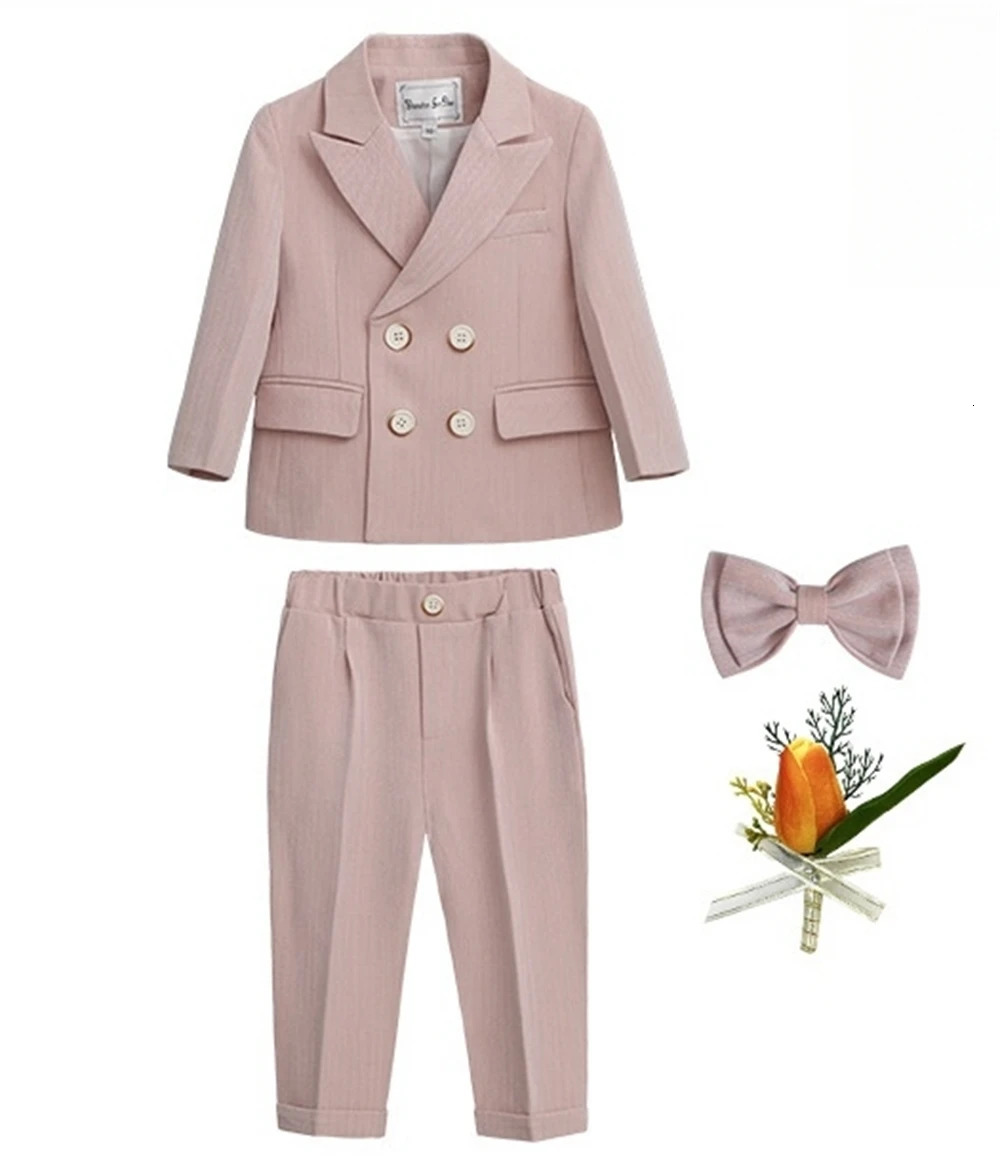 Macaroon Colorful Toddler Suit Set Double Breasted Kids Suits Blazer Pants Bow-tie Brooch Boys Formal Tuxedo Dresswear 250530