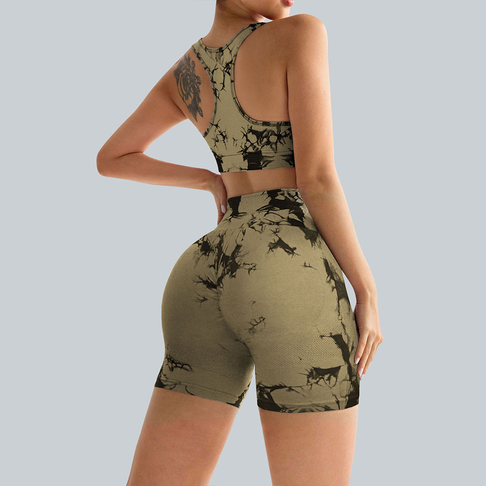 Outdoor sports and fitness tie dye seamless bra and women's high waist and hip lifting peach shorts two-piece set