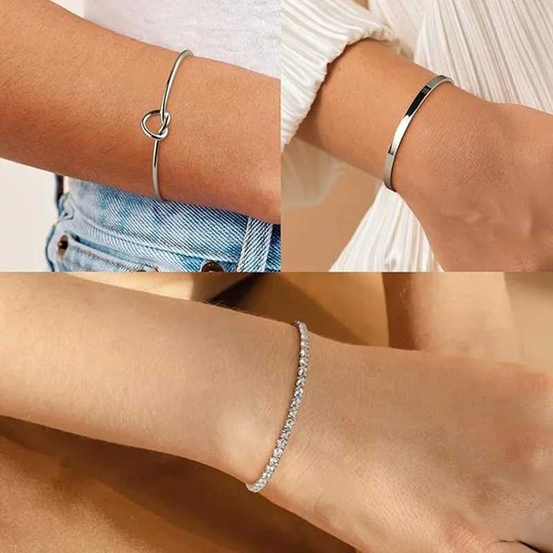 3pcs Stainless Steel Stack Cuff Bracelets for Women 14K Silver Plated Adjustable Jewelry Gifts Luxury CZ Chain Love Knot Bangles W250606