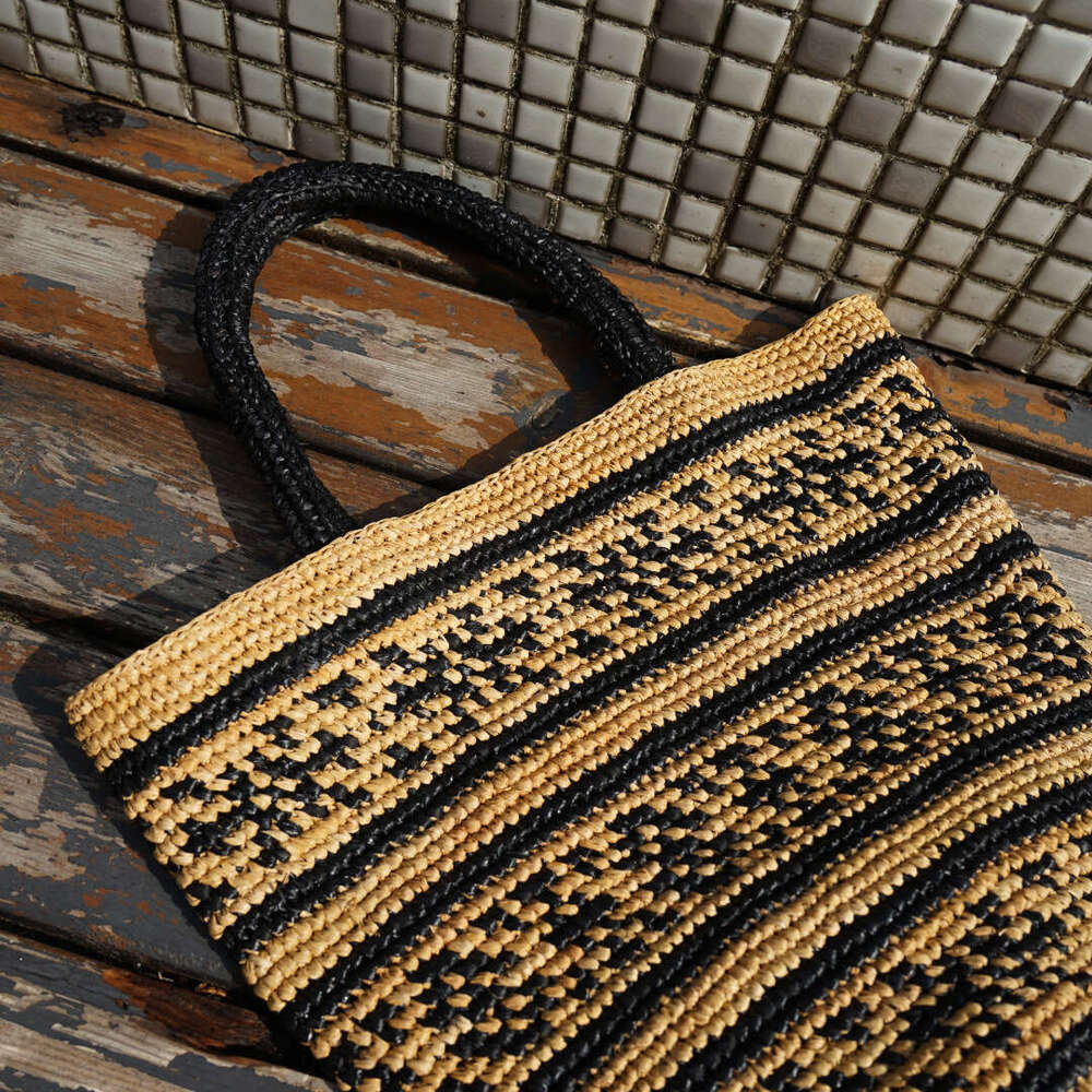 French Style Black Patchwork Handbag Vacation Beach Handmade Raffia Woven Bag for Women Summer Travel