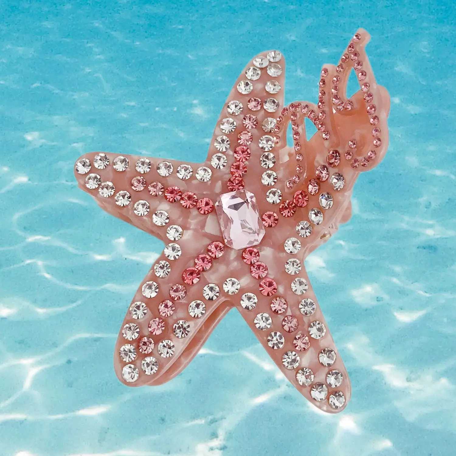 HANGZHI Pink Starfish Rhinestone Hair Clip Sparkling Eye-catching Shark Clip Summer Beach Holiday Hair Accessories for Women Z250605