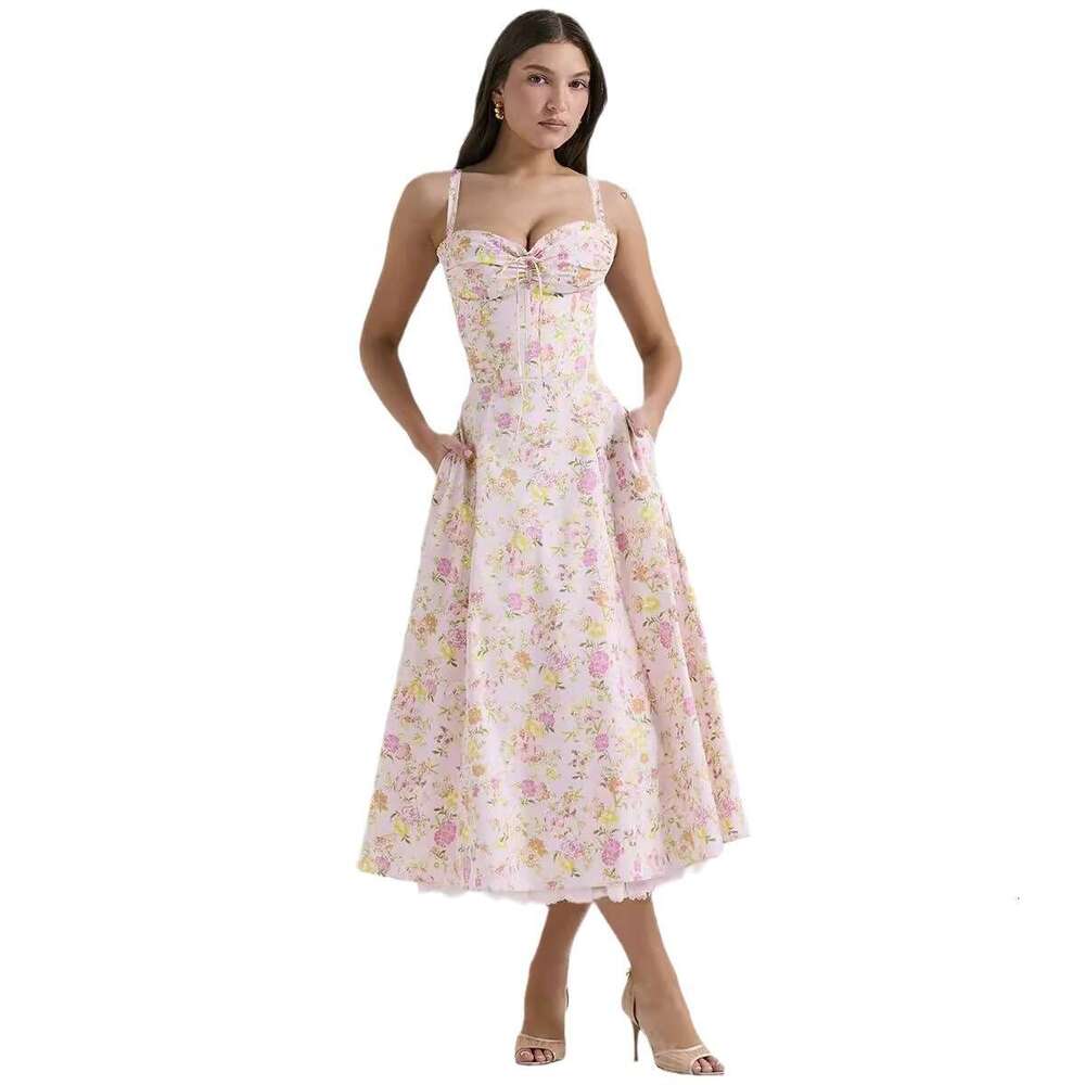 Elegant Series French Style Summer Gentle Slimming Floral Strap Long Dress B5